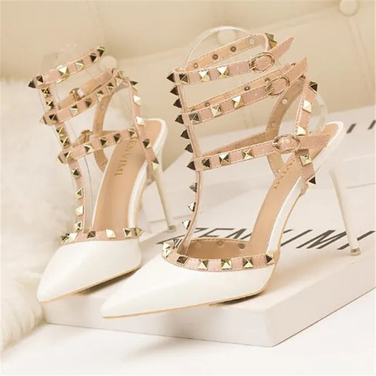 Rivet High Heel Luxury Designer Women Shoes, Ladies  white Pumps