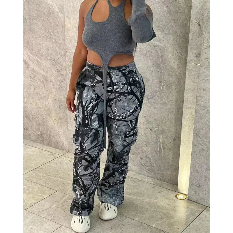 Camouflage Women Cargo Pants Mid Waist Side Pocket Wide-Leg Trousers Hip-Hop Streetwear Y2K Club Fashion Women Clothing