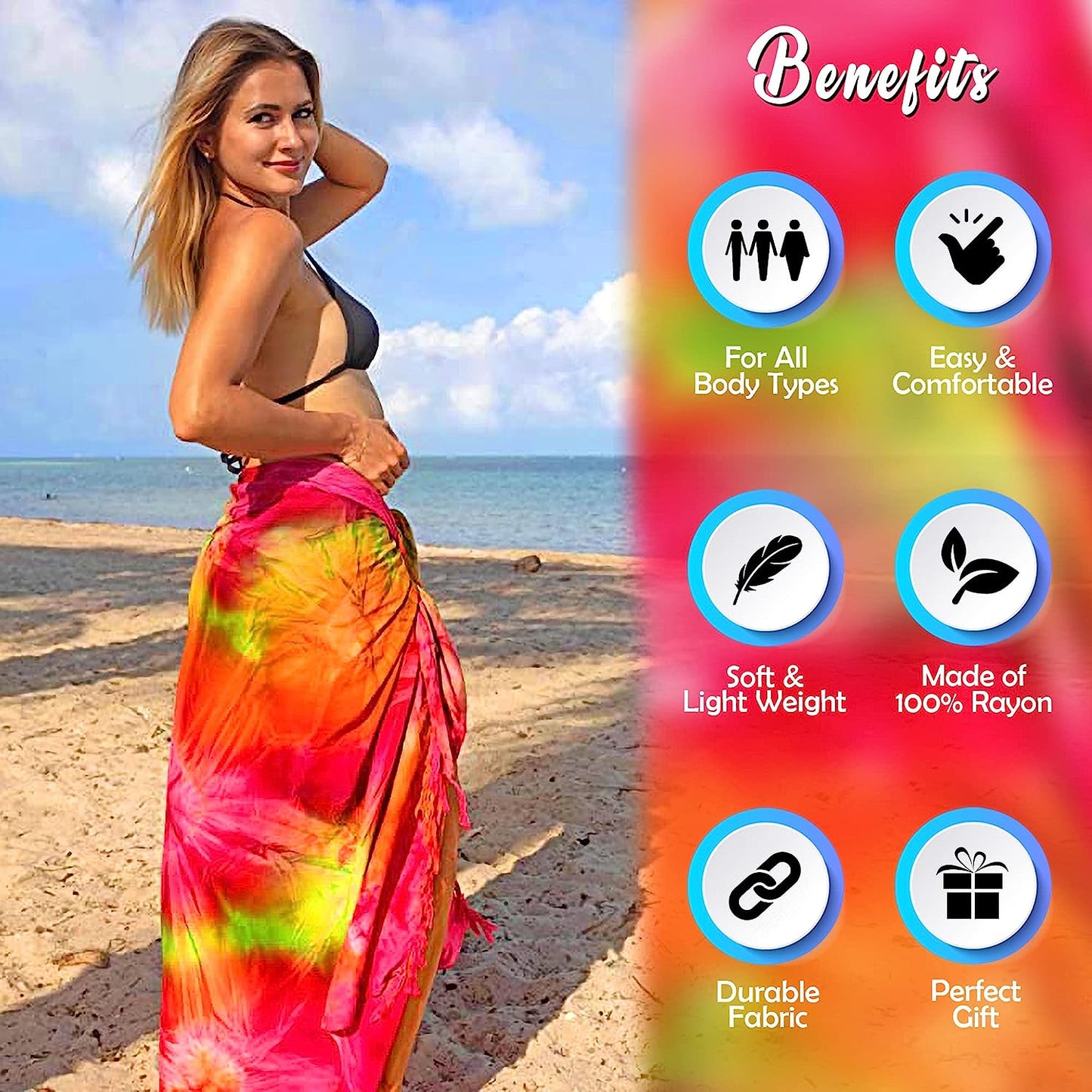 Beach Long Batik Sarong Womens Swimsuit Wrap Cover up Pareo with Coconut Shell Included (Blue)