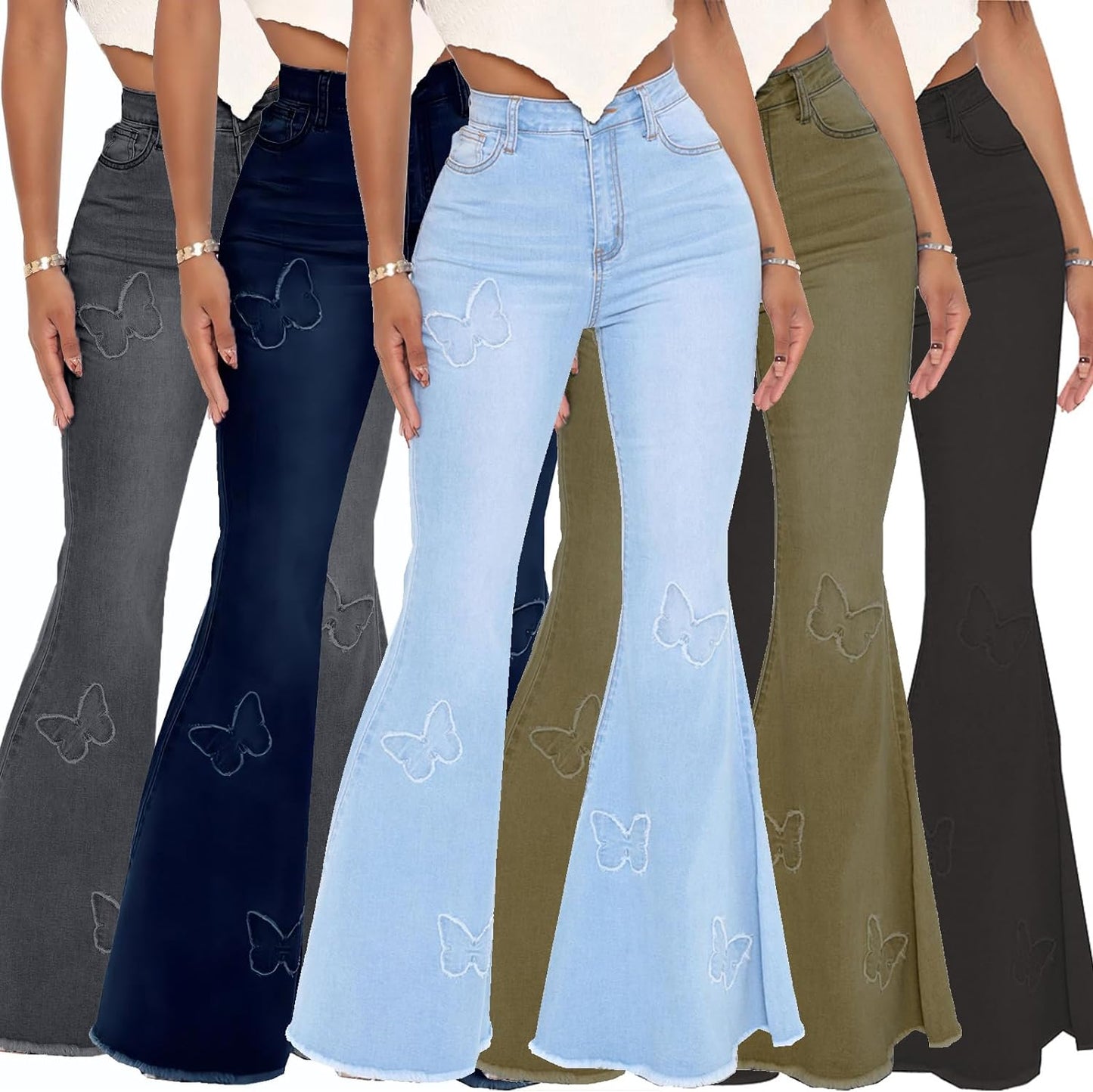 Women Bell Bottom Jeans High Waisted Flare Jean Ripped Hole Classic Denim Bell Bottom Pants