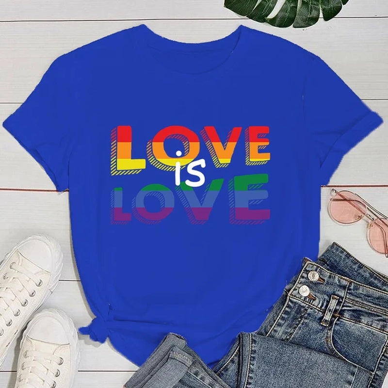 (Premium T-Shirt)New Fuuny Lgbt Love Is Love Letter Printed Female 'S and Women'S Fashion Short Sleeve Lgbt Love Is Love Tops